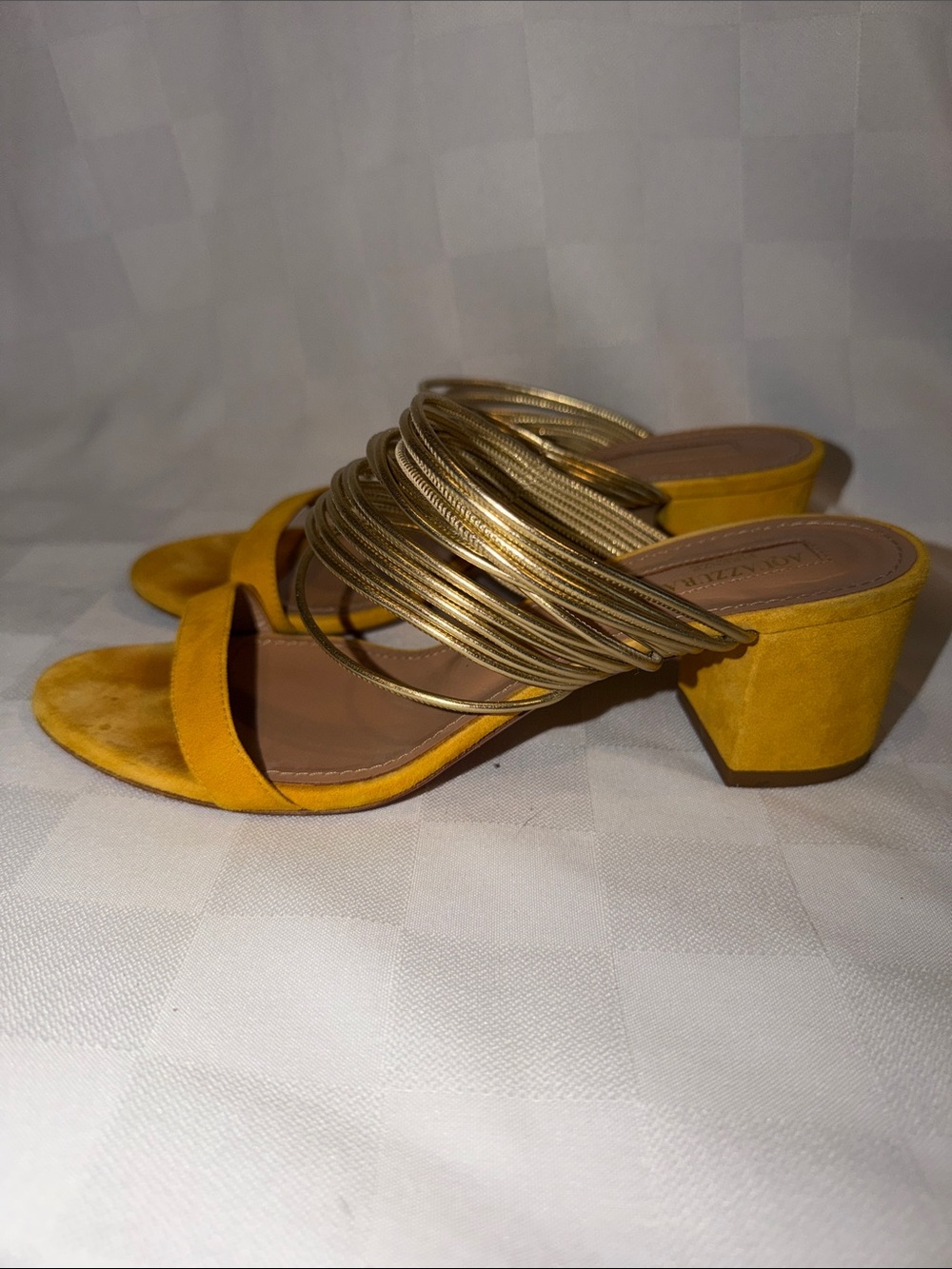 $825 Sz 37.5 Aquazzura Rendez Vous Ochre Suede Sandals  2" Heels